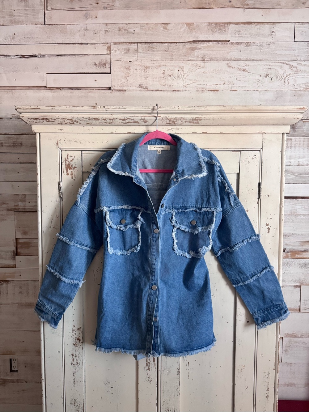 Denim Jacket with Frayed Trim - Blue